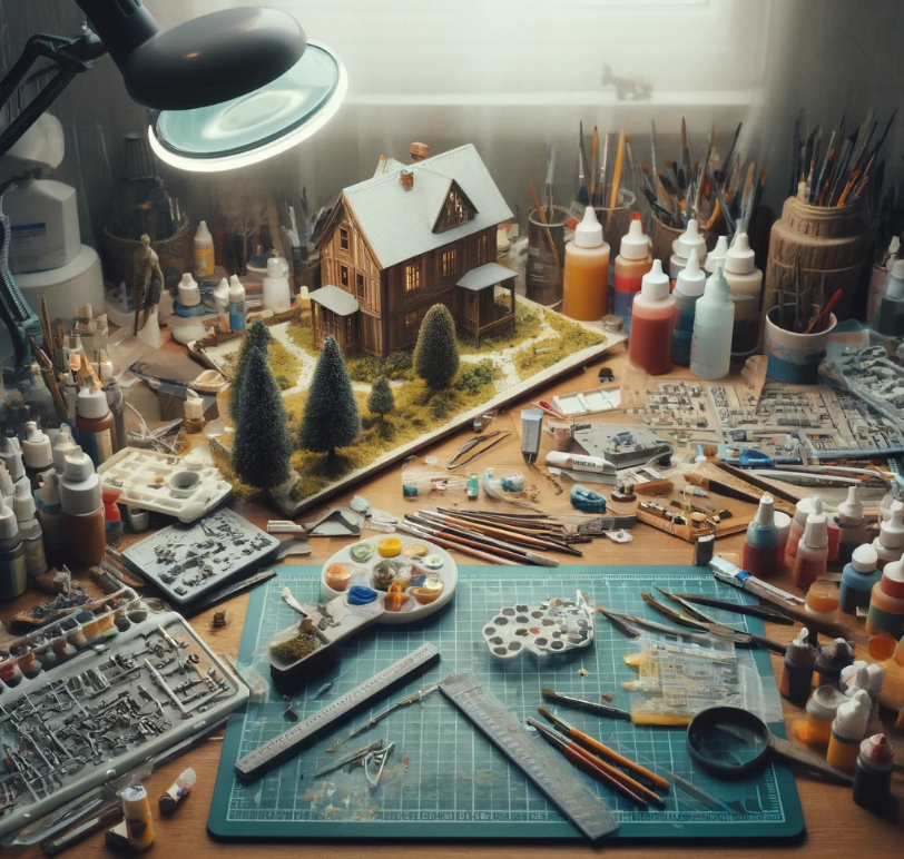 Una mesa llena de herramientas para la construcción de modelos y una miniatura parcialmente completada.