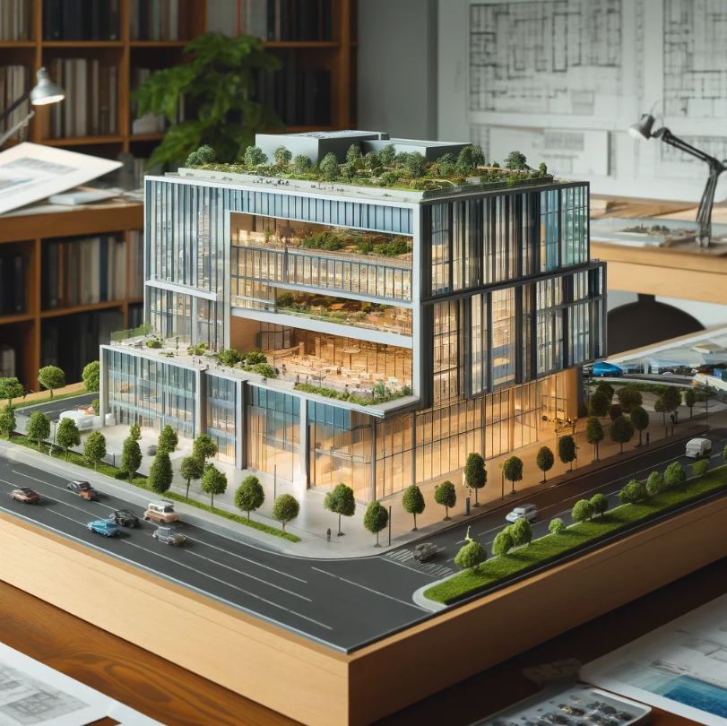 Modelo arquitectónico detallado de un edificio moderno, realizado por Ari Maqueta.