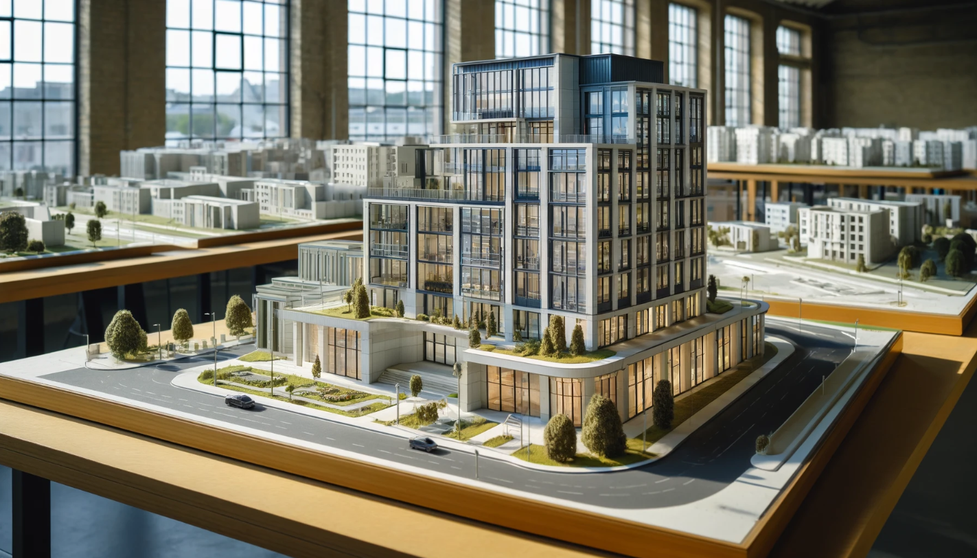 Modelo arquitectónico detallado de un edificio moderno, realizado por Ari Maqueta en Valencia.
