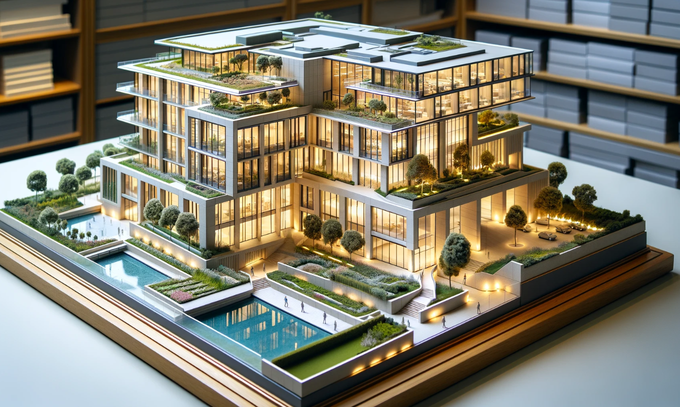 Modelo arquitectónico detallado de un edificio moderno, realizado por Ari Maqueta en Málaga.
