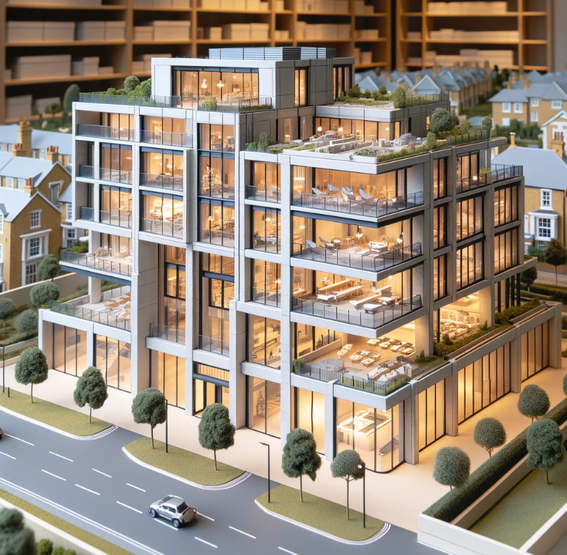 Modelo arquitectónico detallado de un edificio moderno, realizado por Ari Maqueta en Las Palmas de Gran Canaria.