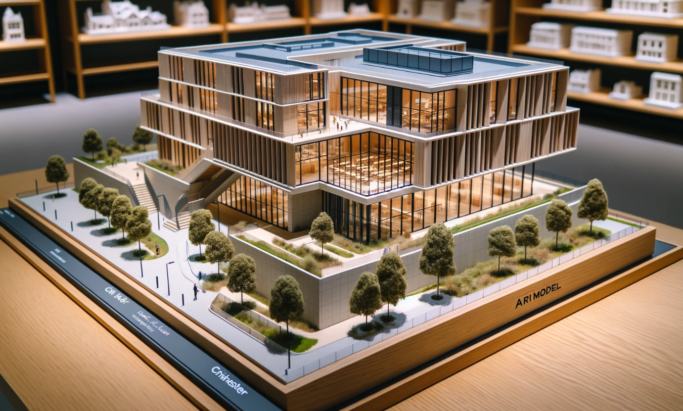 Modelo arquitectónico detallado de un edificio moderno, realizado por Ari Maqueta en Alicante.