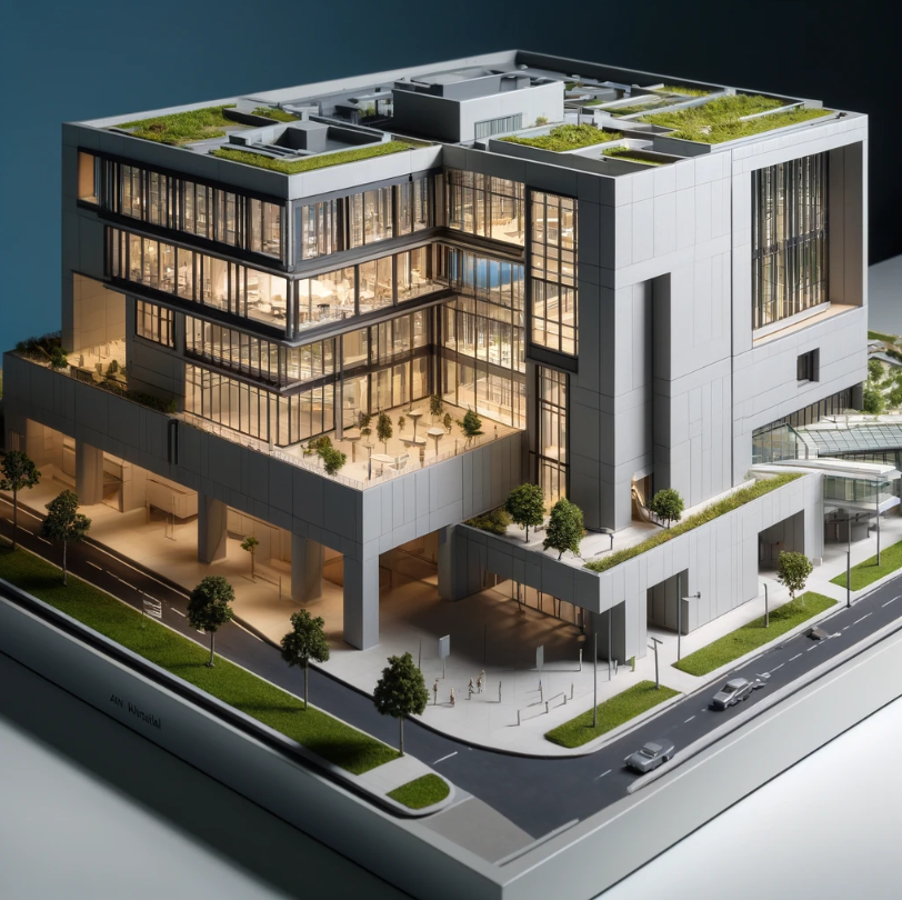 Modelo arquitectónico detallado de un edificio moderno, realizado por Ari Maqueta en Gijón.