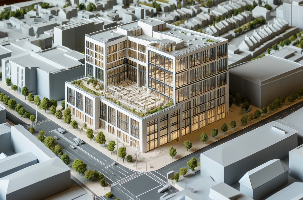 Modelo arquitectónico detallado de un edificio moderno, realizado por Ari Maqueta en L'Hospitalet de Llobregat.