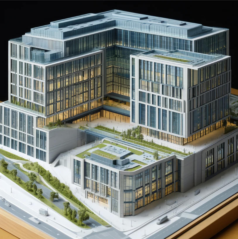 Maqueta arquitectónica detallada de un edificio moderno, realizada por Ari Maqueta en A Coruña.