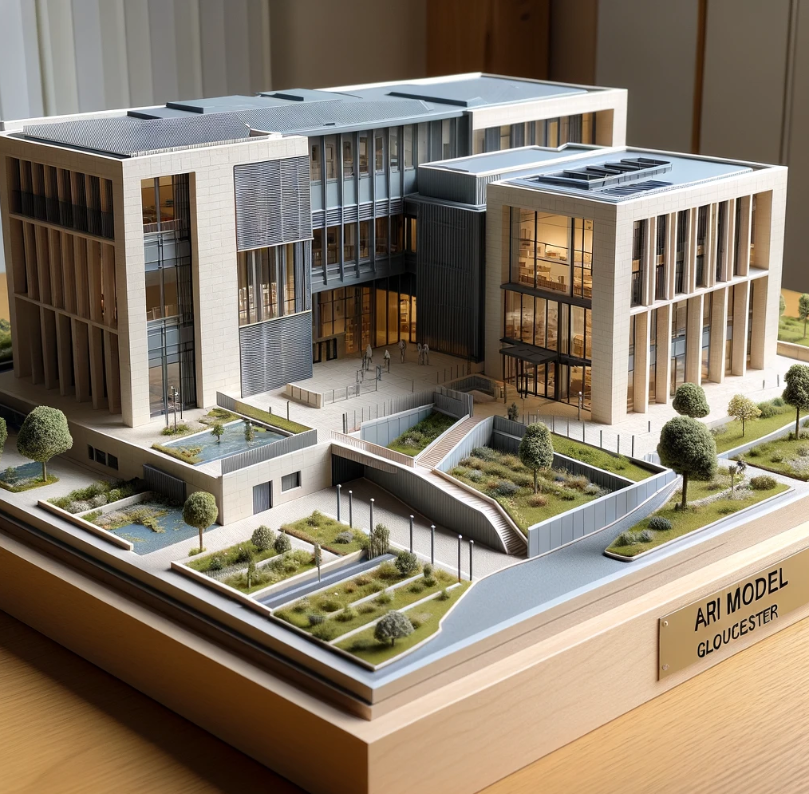 Maqueta arquitectónica detallada de un edificio moderno, realizada por Ari Maqueta en Granada.