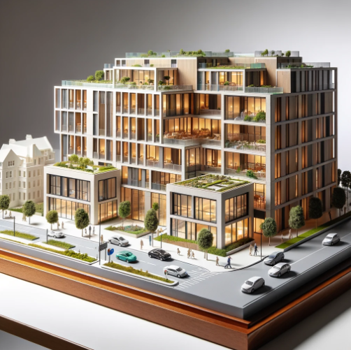 Maqueta arquitectónica detallada de un edificio moderno, realizada por Ari Maqueta en Cartagena.