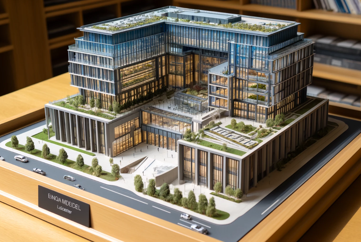 Maqueta arquitectónica detallada de un edificio moderno, realizada por Ari Maqueta en Terrassa.