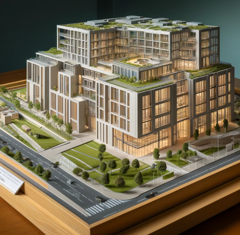 Maqueta arquitectónica detallada de un edificio moderno, realizada por Ari Maqueta en Jerez de la Frontera.