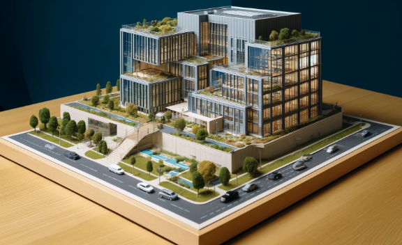 Maqueta arquitectónica detallada de un edificio moderno, realizada por Ari Maqueta en Almería.