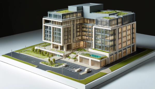 Modelo arquitectónico detallado de un edificio moderno, creado por Ari Maqueta en Leganés.