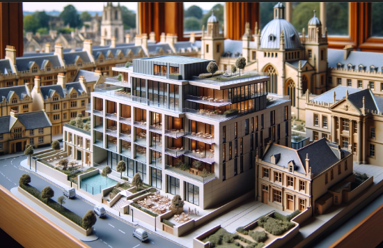 Modelo arquitectónico detallado de un edificio moderno, creado por Ari Maqueta en Santander.