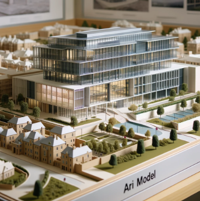 Modelo arquitectónico detallado de un edificio moderno, creado por Ari Maqueta en Castellón de la Plana.