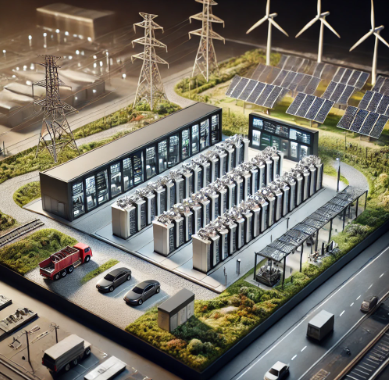Un detallado modelo de sistema de almacenamiento de energía diseñado por Ari Maqueta. Este modelo ilustra soluciones avanzadas de almacenamiento de energía integradas con infraestructura sostenible, ideal para proyectos educativos, planificación urba