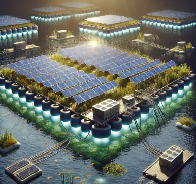 Un detallado modelo de energía eólica marina creado por Ari Maqueta, mostrando los aerogeneradores flotantes y las infraestructuras asociadas en el mar. Perfecto para demostraciones técnicas, proyectos educativos y planificación de energías renovable