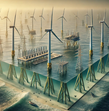 Ari Maqueta presenta su modelo de energía eólica marina, mostrando las turbinas eólicas flotantes en el mar y cómo se integran con el sistema de transmisión de electricidad a la red. Perfecto para proyectos educativos, análisis técnicos y planificaci