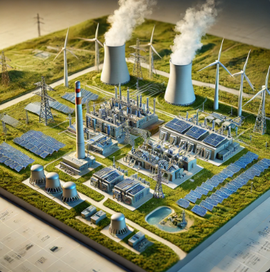 El modelo de sistema energético híbrido de Ari Maqueta, mostrando cómo se combinan las fuentes de energía renovable como la solar y la eólica con las fuentes convencionales para optimizar la generación y distribución de electricidad de forma eficient